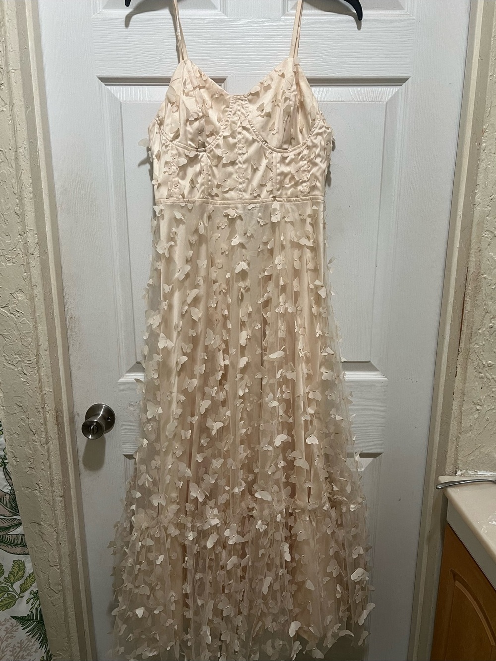 Elegant Cream Midi Dress with 3D Petal Details